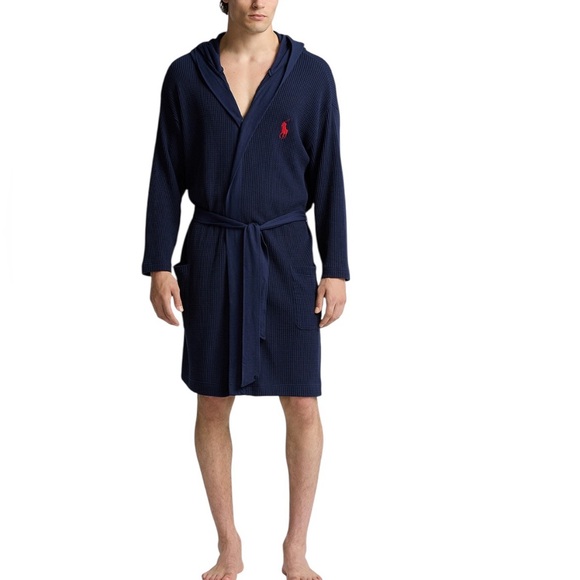 Polo Ralph Lauren Mens Thermal Hooded Robe Navy Size S/M Waffle Knit Print NWT - Picture 2 of 7